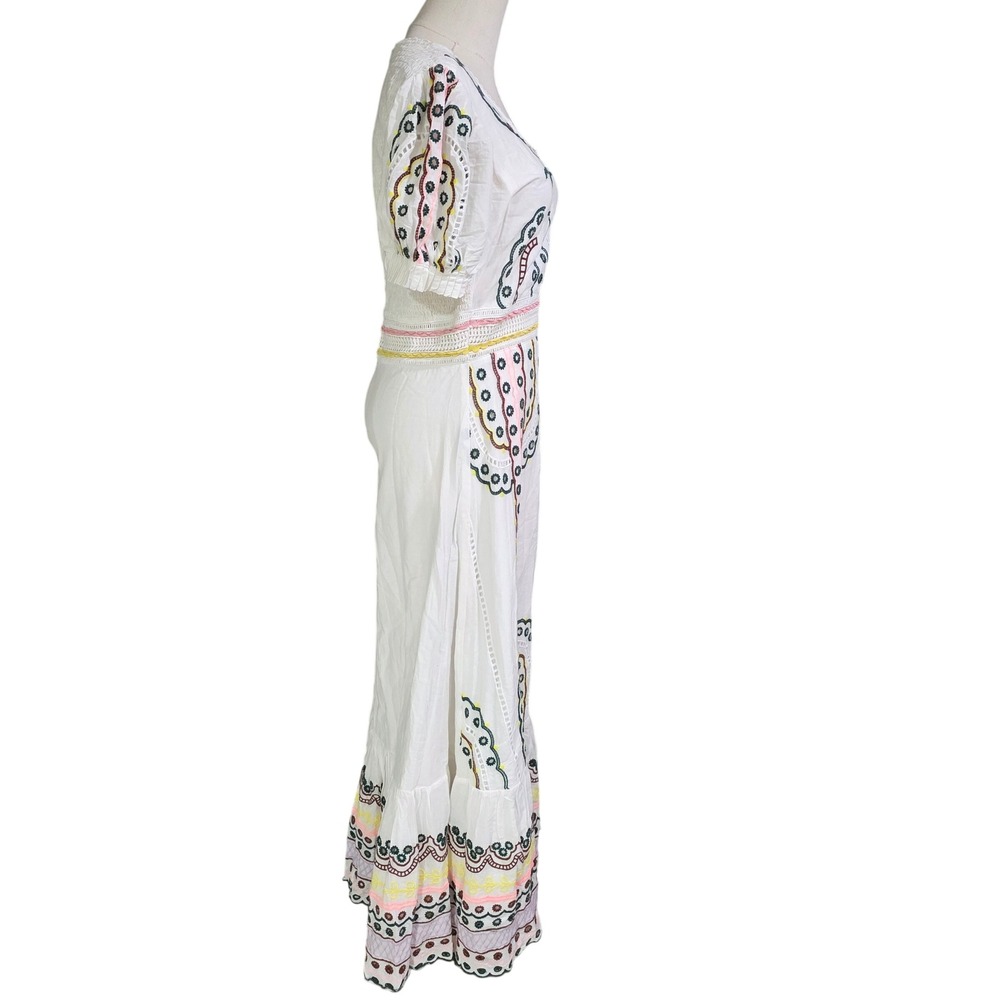 Bohme Embroidered Midi Dress Women S White Eyelet Puff Sleeve Smocked - Picture 11 of 16